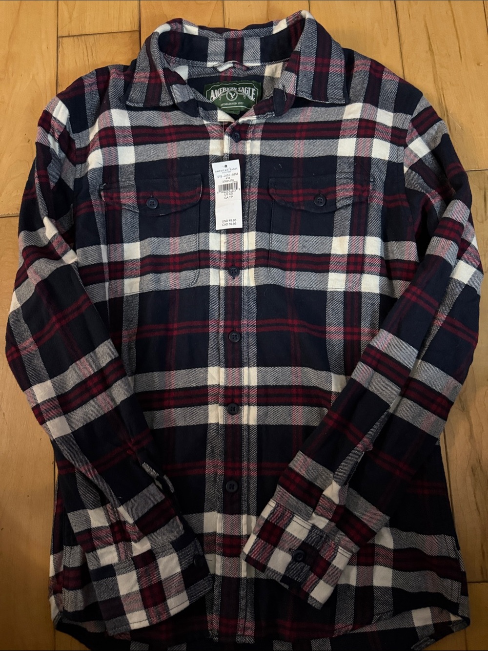 American Eagle Outfitters Men’s Navy, Burgundy & White Plaid Button-Down Shirt